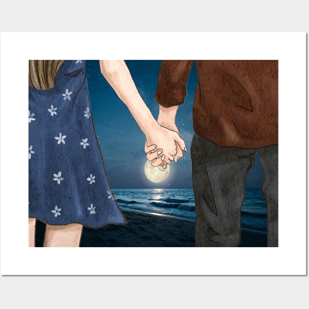 Romantic couple holding hands on beach night, couple in love, young couple silhouette on a sea beach in summer nature, watercolor realistic couple sketch, beautiful fantasy landscape tropical beach Wall Art by Modern Art